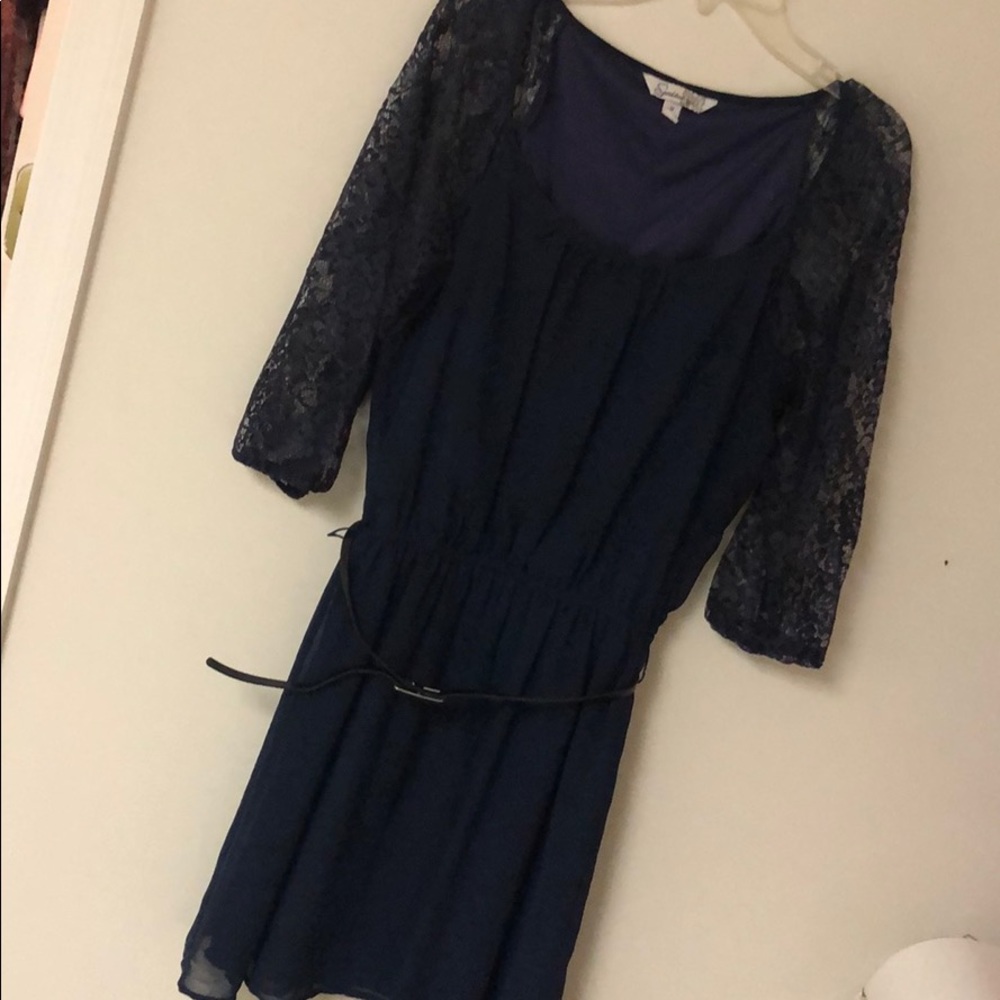 Navy Blue Lace Sleeves Belted Dress
